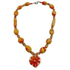Heart Pendant Murano Style Glass Bead Necklace Orange